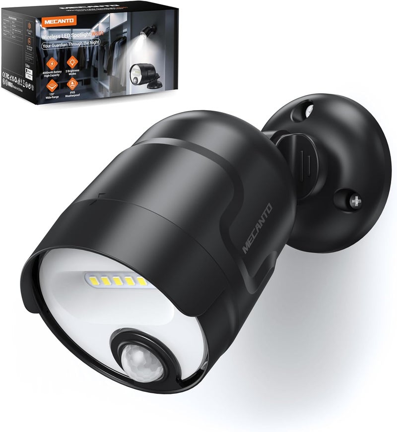 Mecanto Battery Operated Motion Sensor Light Outdoor, 4000mAh Rechargeable 600 Lumen Battery Powered Spotlight Outdoor Waterproof for Porch, Garage, House(Non-Solar) - Image 1